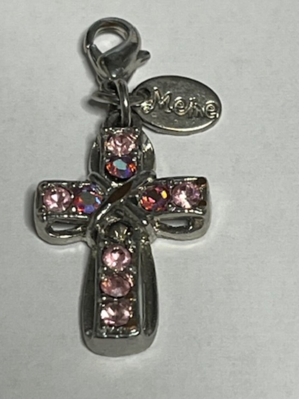 Silver Tone Pink Crystals Christian Cross Pendant MeMe Charm w/Clasp 1.5"x.75"
